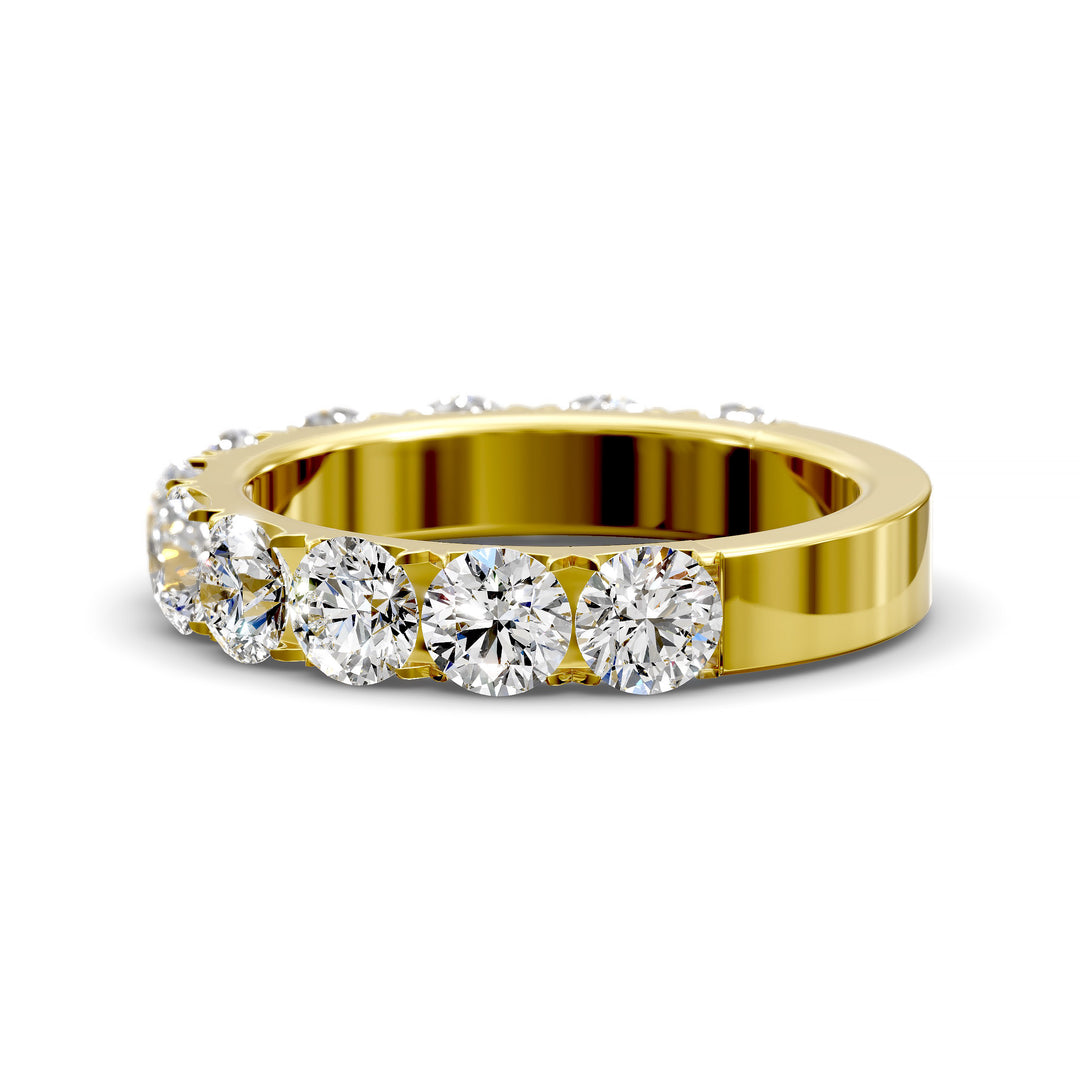 Wide gold pavé band with large round brilliant diamonds in eternity style