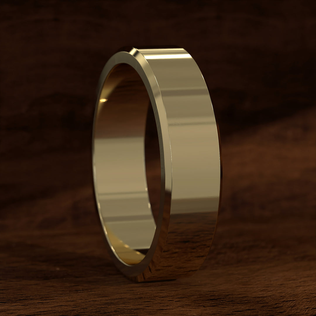 Polished flat men’s wedding band with beveled edges