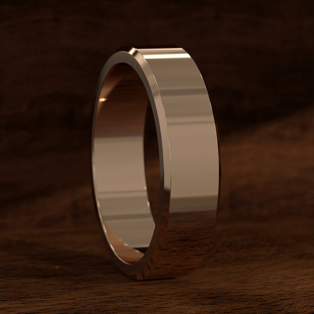 Polished flat men’s wedding band with beveled edges