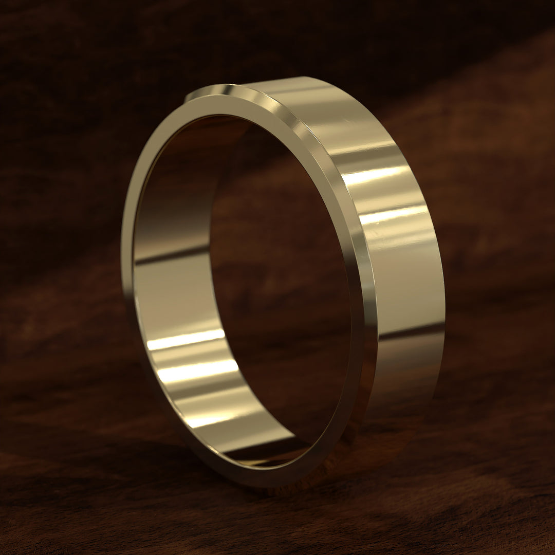 Polished flat men’s wedding band with beveled edges