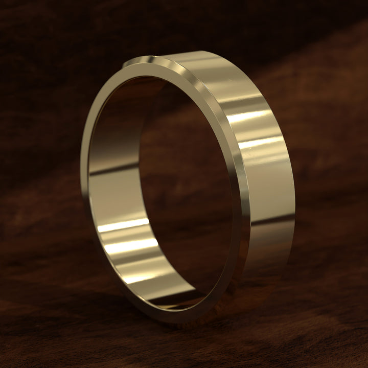 Polished flat men’s wedding band with beveled edges
