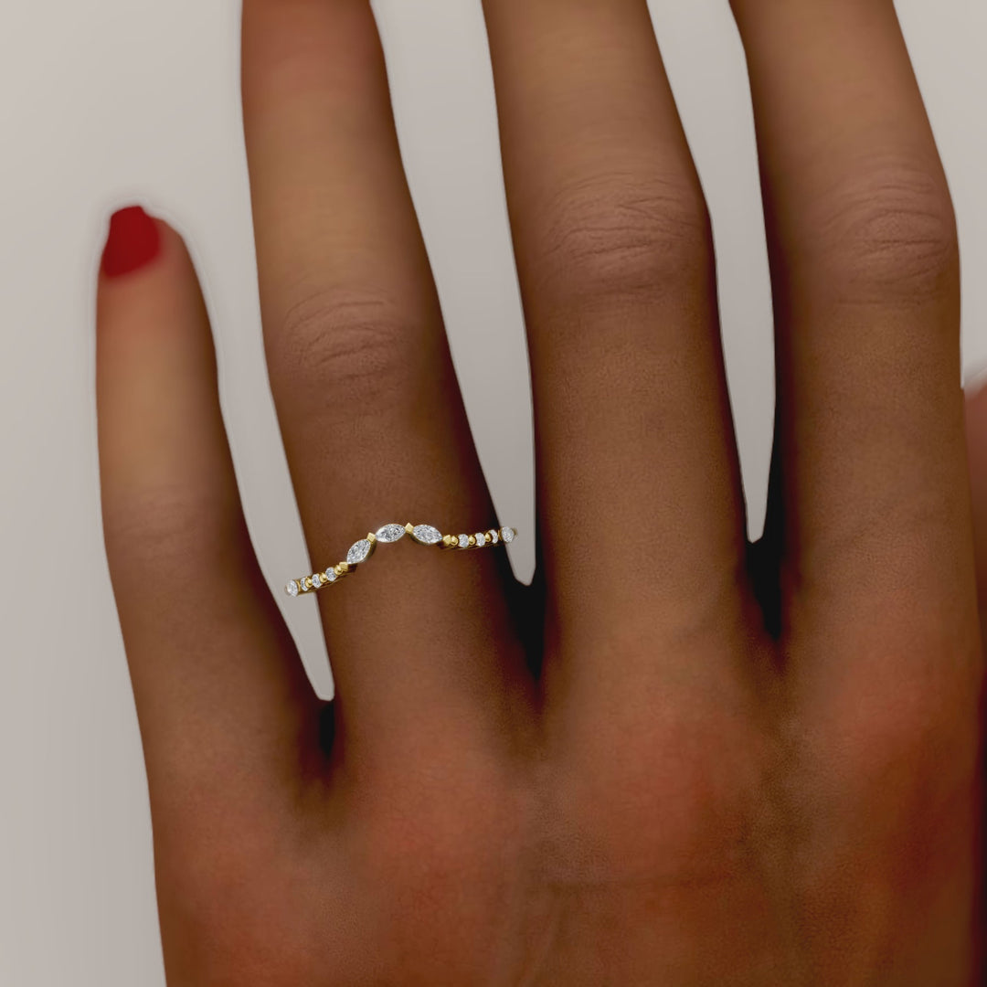 Marquise and Round Lab Grown Diamond Curved Wedding Band