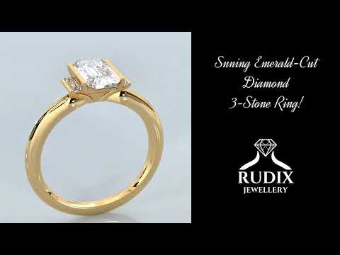 Emerald Cut Diamond 3-Stone Engagement Ring with Baguette Side Diamonds and Bar Prongs