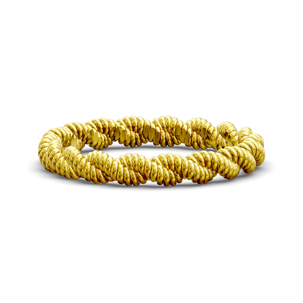 Close-up of twisted rope-style wedding band with detailed ridged texture