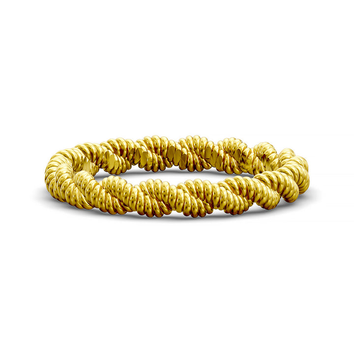Close-up of twisted rope-style wedding band with detailed ridged texture