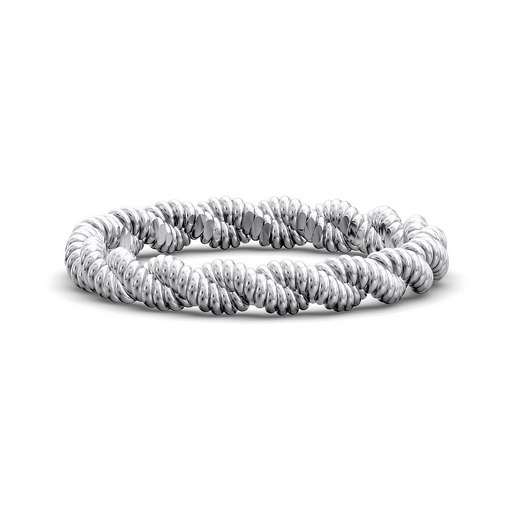 Close-up of twisted rope-style wedding band with detailed ridged texture