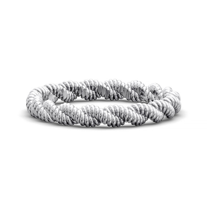 Close-up of twisted rope-style wedding band with detailed ridged texture