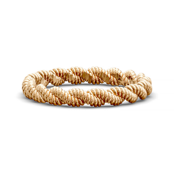 Close-up of twisted rope-style wedding band with detailed ridged texture