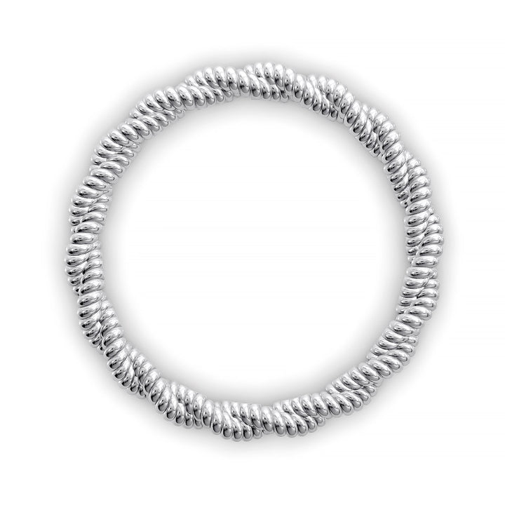 Close-up of twisted rope-style wedding band with detailed ridged texture