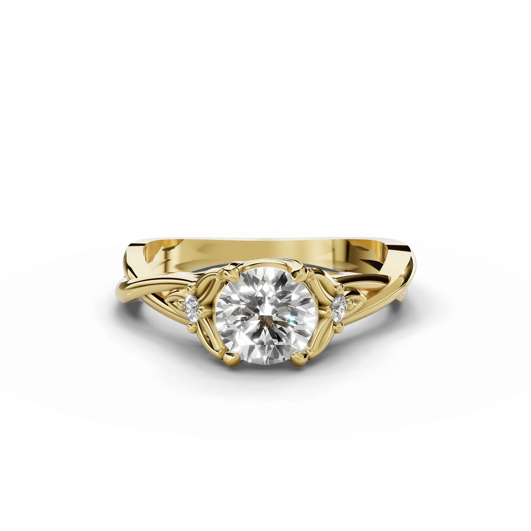 Round diamond engagement ring, split band, yellow gold.