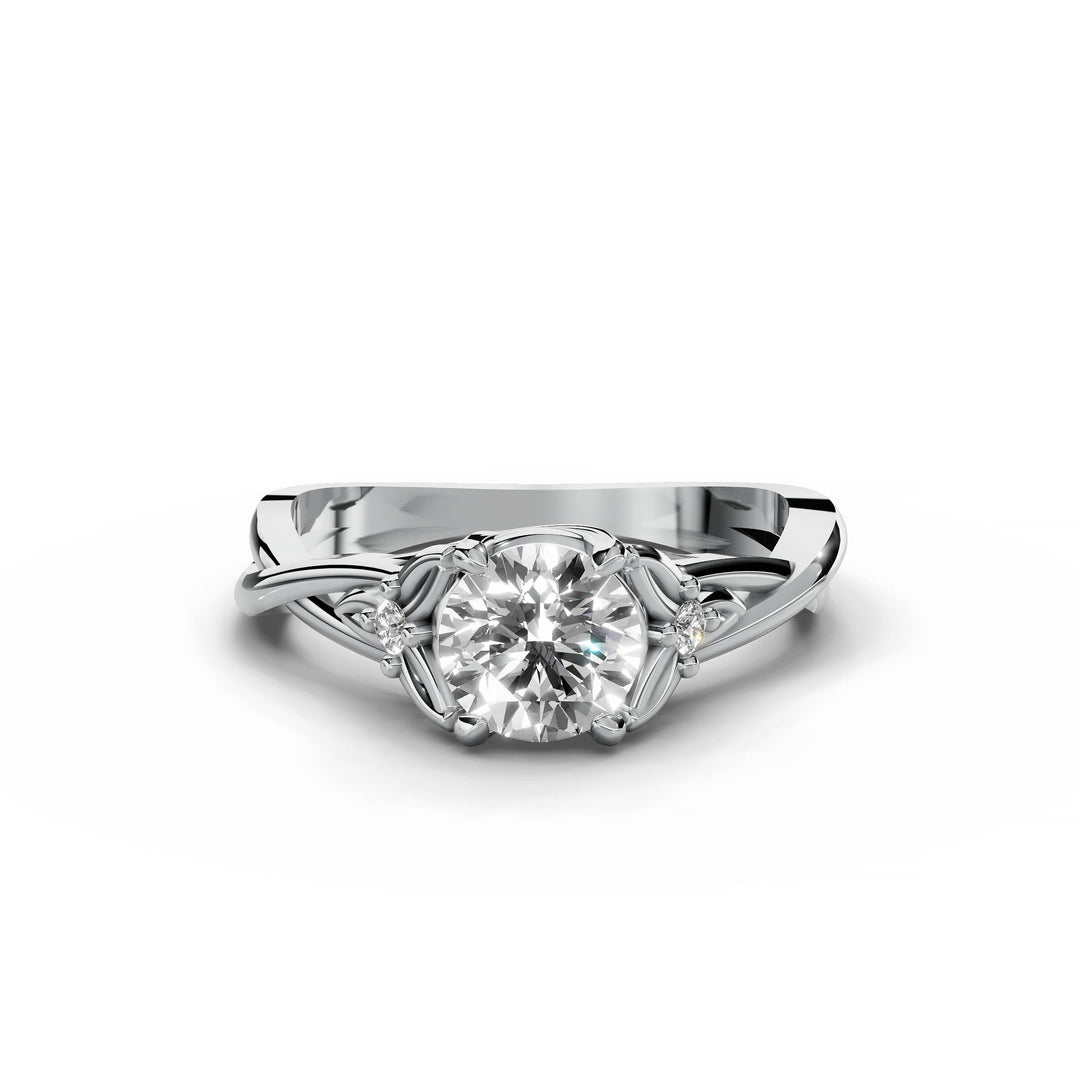 Round diamond engagement ring, nature-inspired design, split band, white gold.