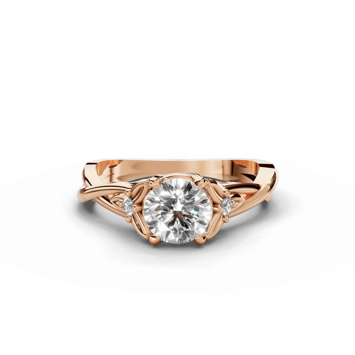 Round diamond engagement ring, nature-inspired design, split band, rose gold.