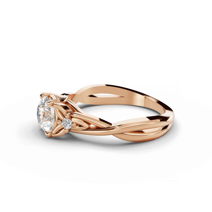 Round diamond engagement ring, nature-inspired design, split band, rose gold.