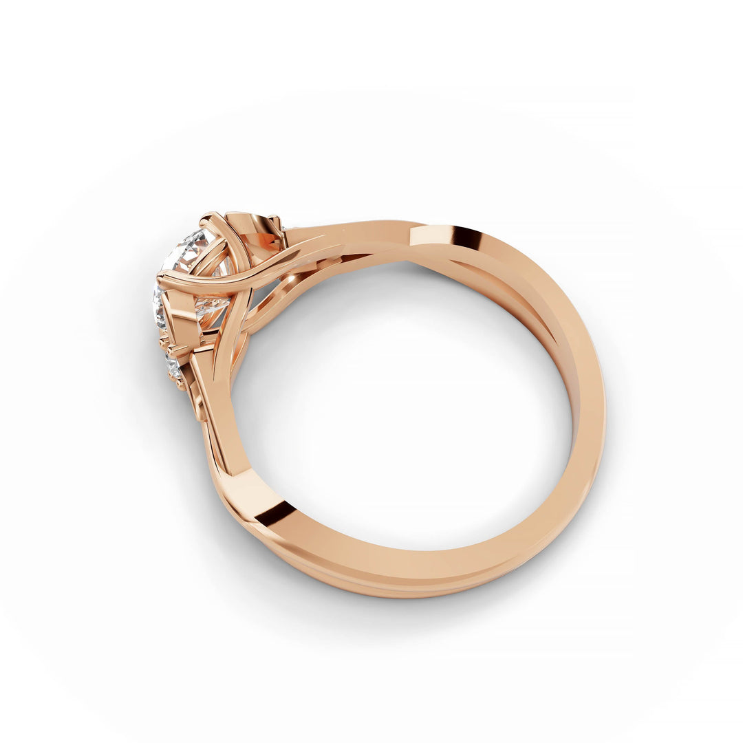 Round diamond engagement ring, nature-inspired design, split band, rose gold.