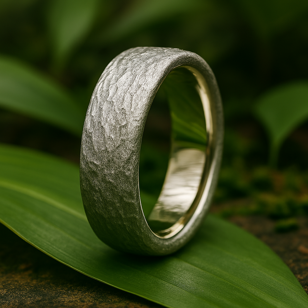 Rustic matte gold men's wedding band with organic hand-textured finish
