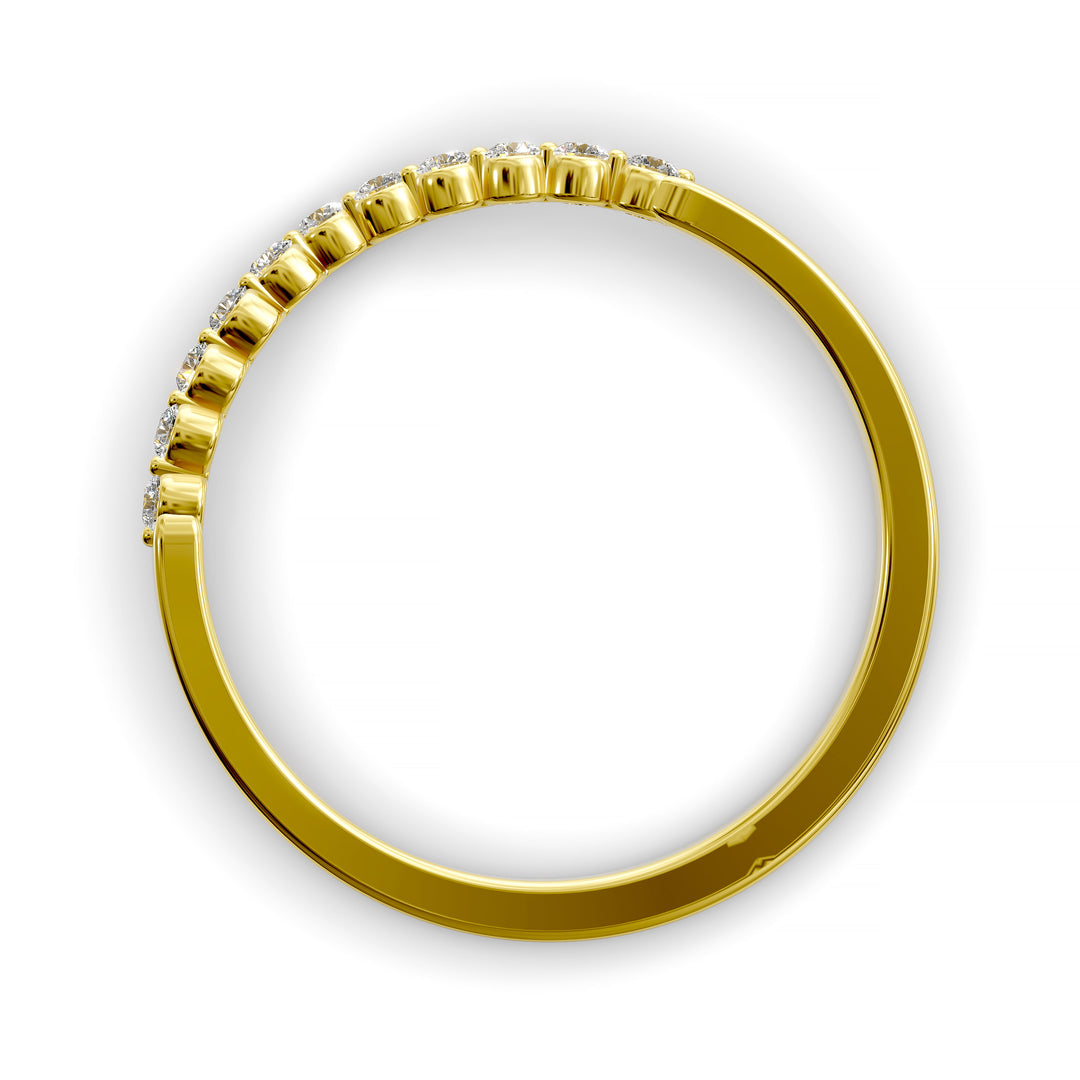 V-shaped gold wedding band with shared prong floating diamonds