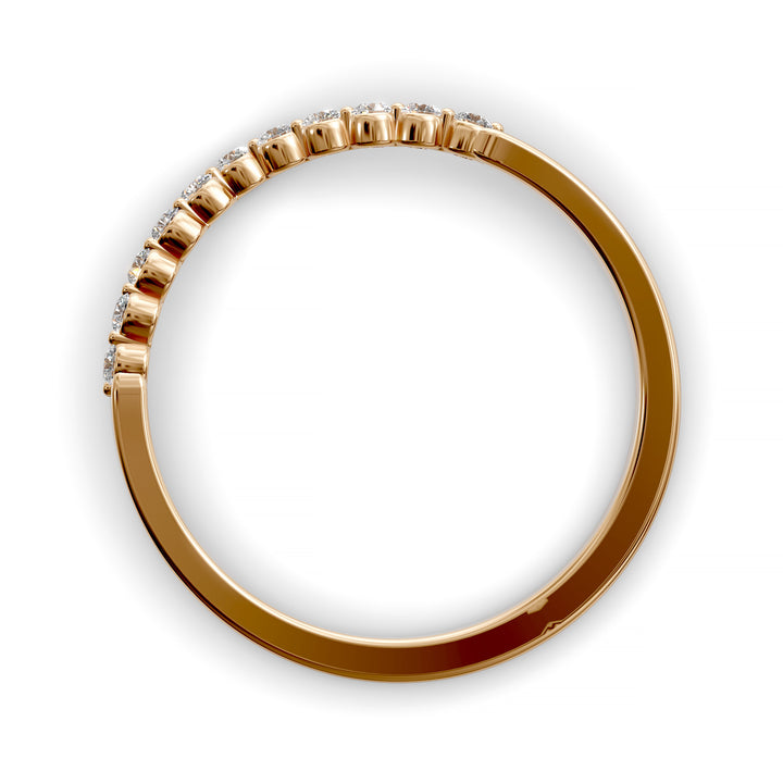 V-shaped gold wedding band with shared prong floating diamonds