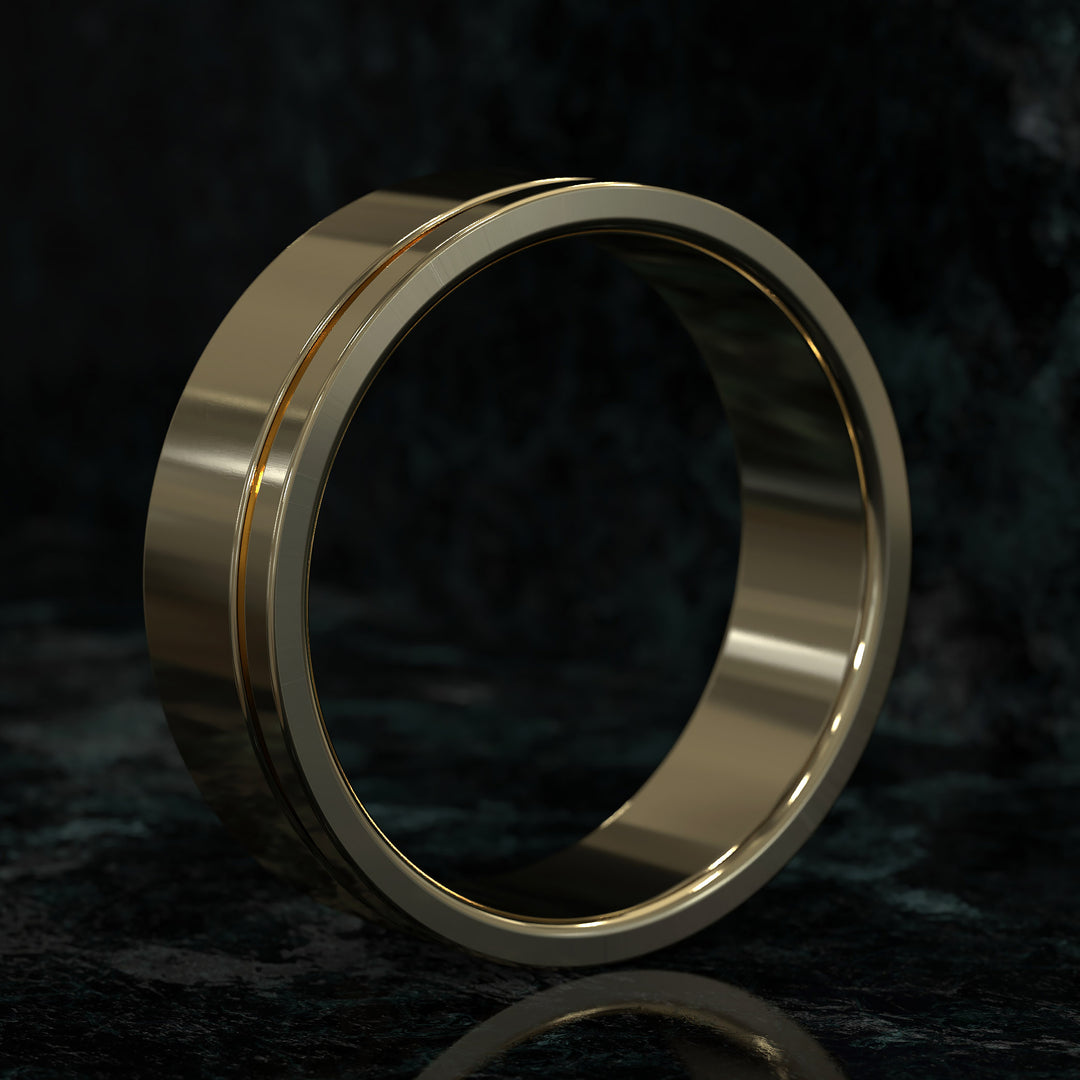 flat profile men’s wedding band with single polished edge design