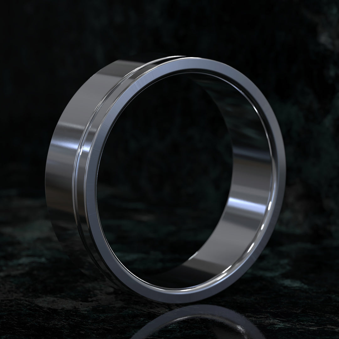 flat profile men’s wedding band with single polished edge design