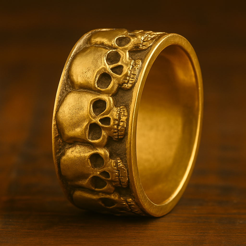 Gold men's wedding band with raised skull design, matte finish, and polished edges
