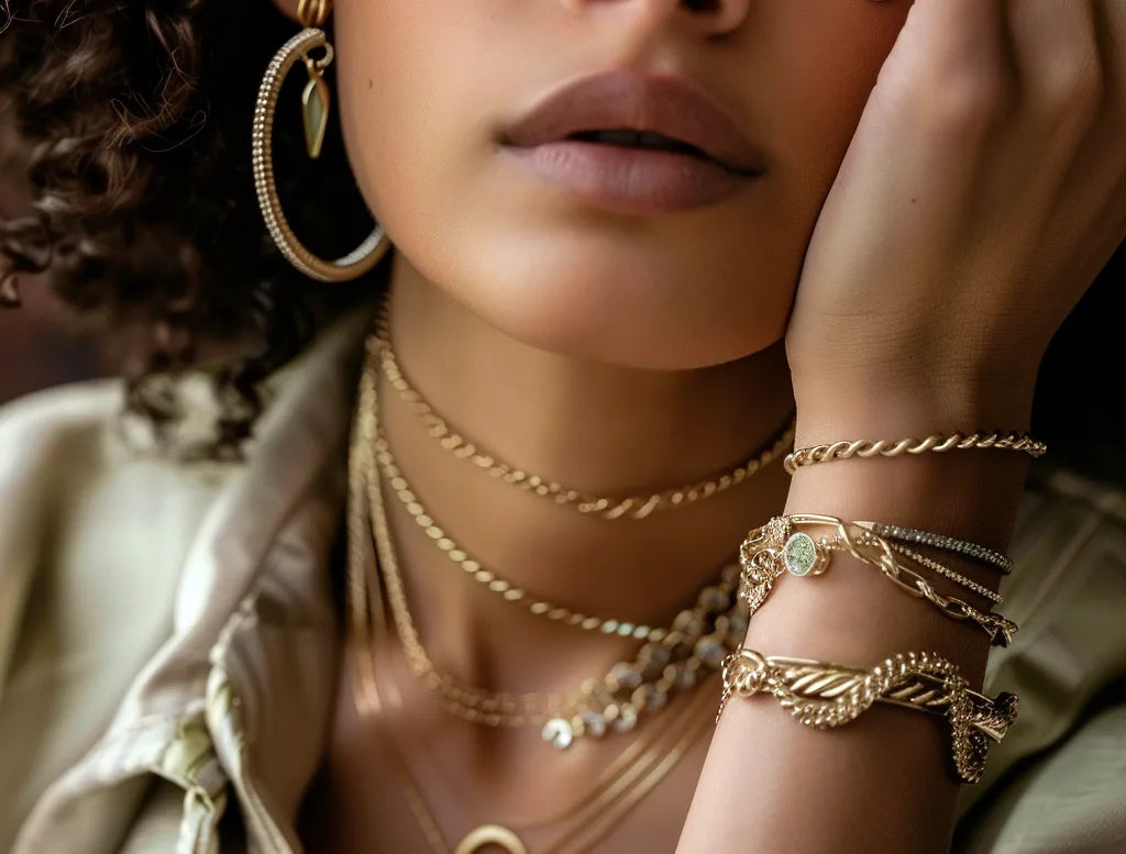 Close-up of a woman's lower face and neck, showcasing a variety of gold jewelry from Rudix Jewellery. The woman wears multiple delicate necklaces, layered bracelets, and large hoop earrings with a gemstone. The focus is on the elegant design and intricate details of the jewelry, ideal for a Mother's Day special sale.
