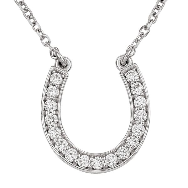 14K white gold diamond horseshoe necklace with 0.25 CTW diamonds and an 18-inch solid cable chain.