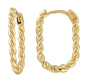 10k yellow gold twisted oval hoop earrings with a polished, textured finish.