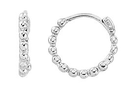 10K White Gold Beaded Hoop Earrings with beaded design, 16.4mm height.