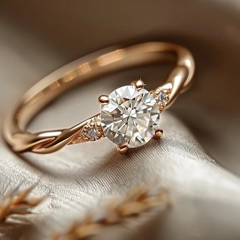 Twisted solitaire engagement ring with a large center diamond and two smaller side diamonds.
