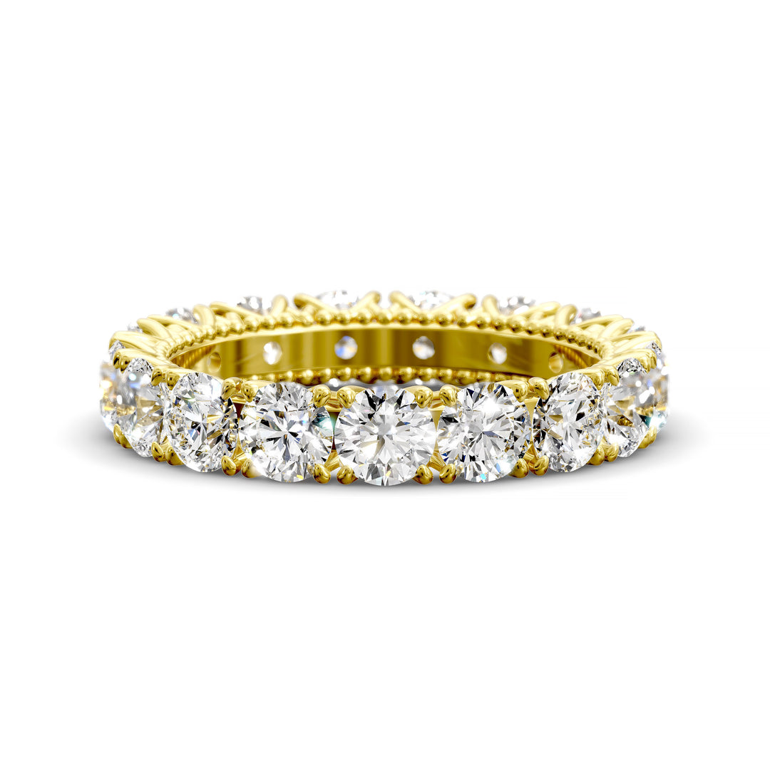 Vintage-inspired eternity band with round cut diamonds and intricate scalloped setting