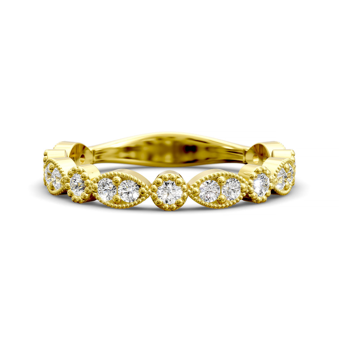 Vintage marquise-shaped diamond wedding band with milgrain detail in gold and platinum options