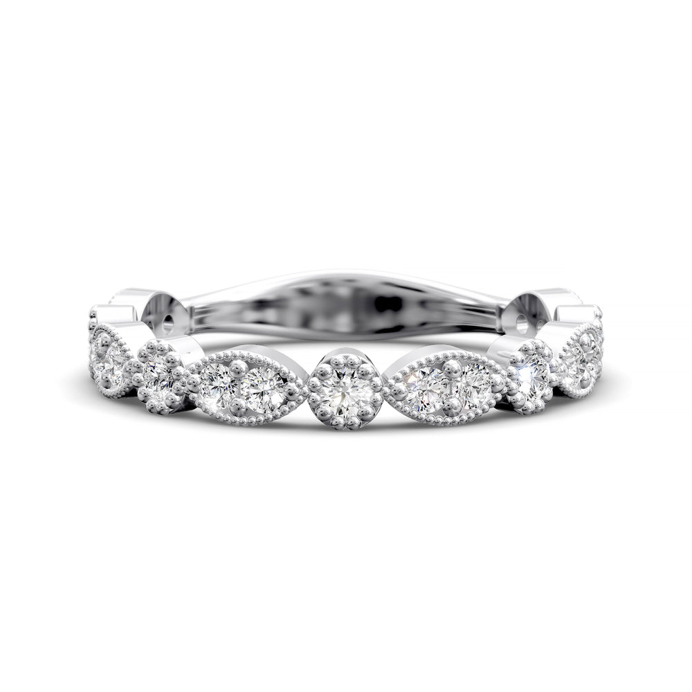 Vintage marquise-shaped diamond wedding band with milgrain detail in gold and platinum options