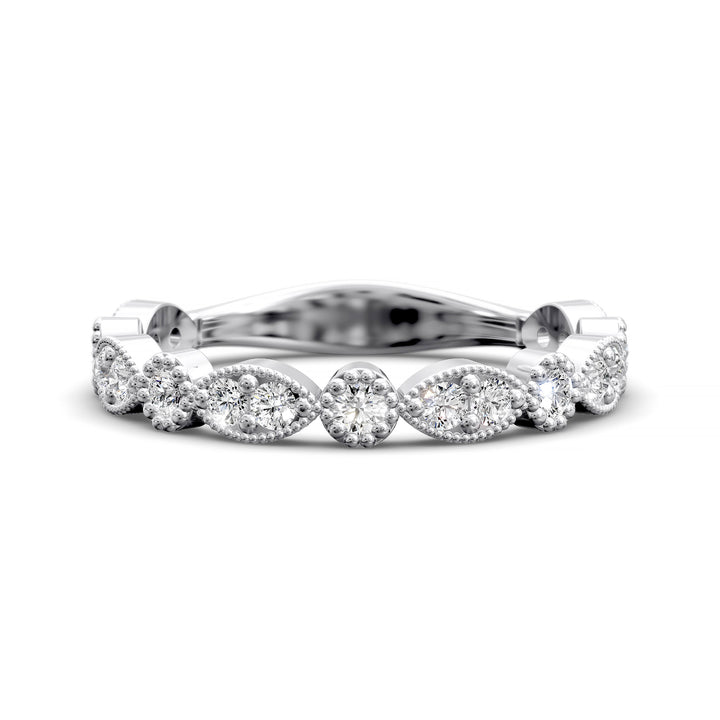 Vintage marquise-shaped diamond wedding band with milgrain detail in gold and platinum options