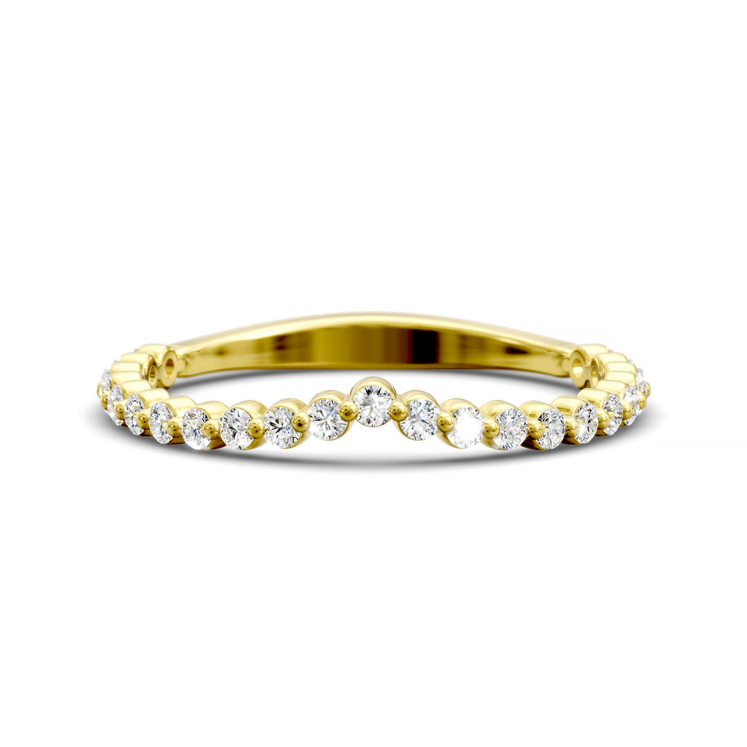 V-shaped gold diamond band with shared prong round stones in a wishbone contour
