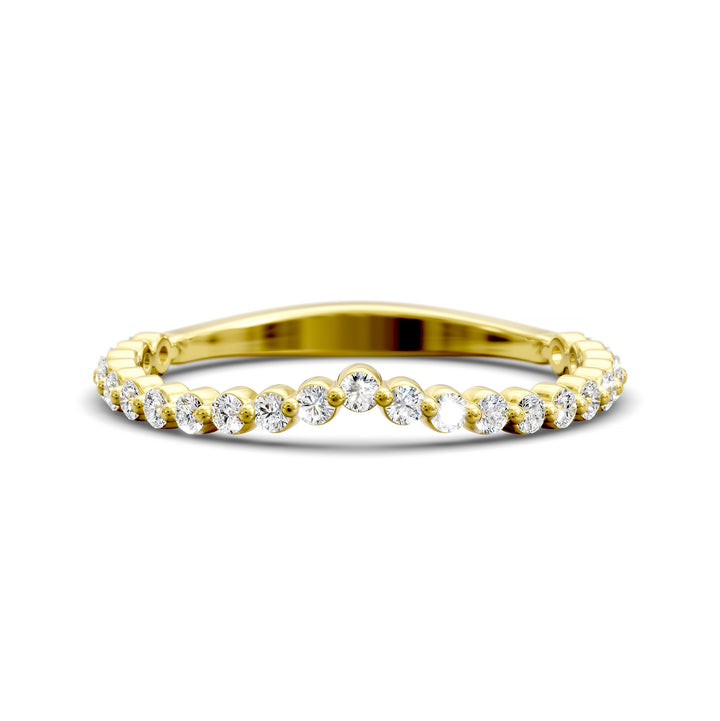 V-shaped gold diamond band with shared prong round stones in a wishbone contour