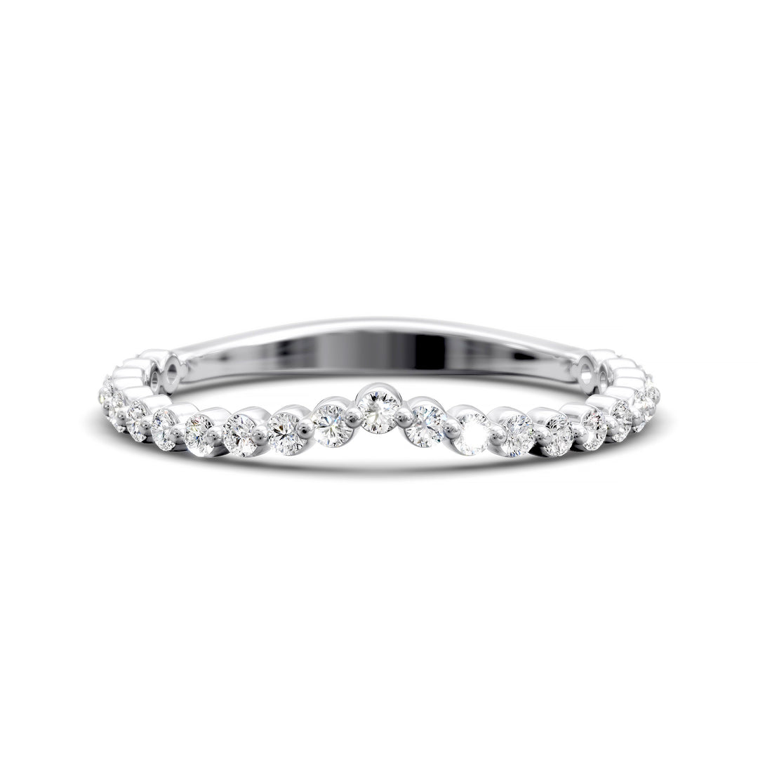 V-shaped gold diamond band with shared prong round stones in a wishbone contour