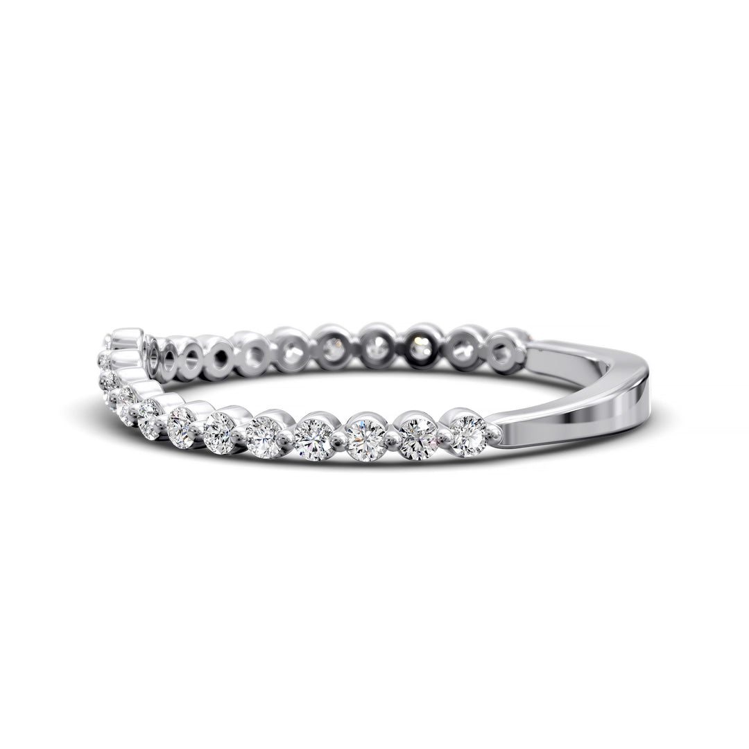 V-shaped gold diamond band with shared prong round stones in a wishbone contour