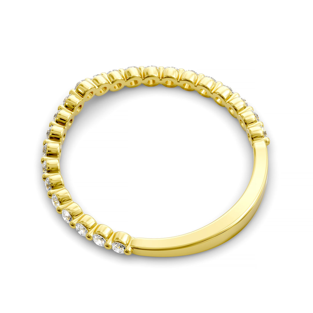 V-shaped gold diamond band with shared prong round stones in a wishbone contour