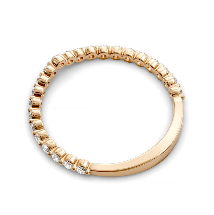 V-shaped gold diamond band with shared prong round stones in a wishbone contour