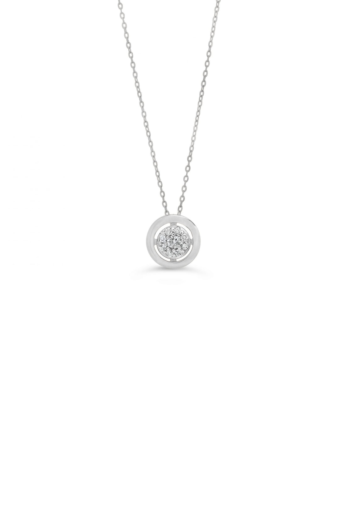 Elegant 10K white gold circle pendant with a pavé of diamonds totaling 0.05 ct, hanging on a fine white gold chain, perfect for a refined and classic look.